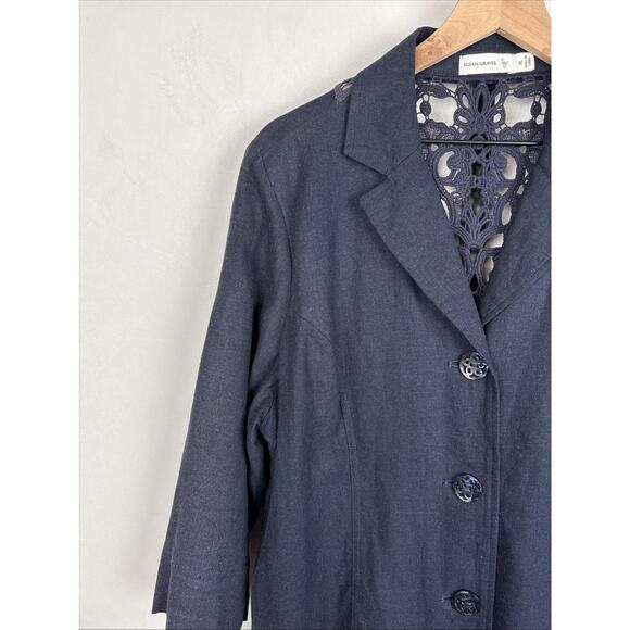 Susan Graver Linen Blend Blazer Jacket XL Navy Blue Crochet Detail Boho Classic - Picture 4 of 12